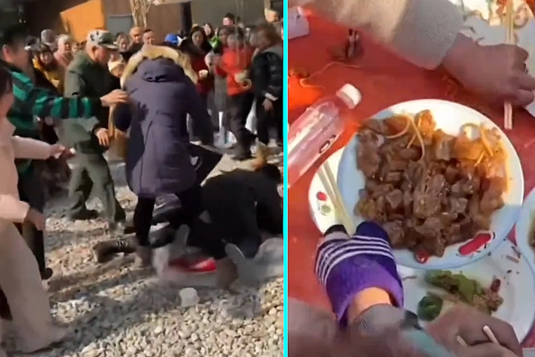 Brawl erupts between women at soup festival in Leshan City, China as attendees scramble for seats at annual event. Organiser had to slaughter four pigs for extra crowd.