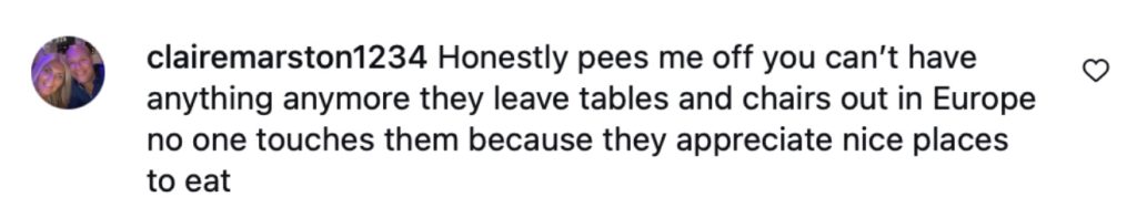 Social media comment on the post of Two thieves caught on CCTV stealing Madri bar table from Herbert's Yard Birmingham - brazenly wore it like a hat while strolling off, venue appeals for table's return.