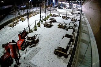 Two thieves caught on CCTV stealing Madri bar table from Herbert's Yard Birmingham - brazenly wore it like a hat while strolling off, venue appeals for table's return.