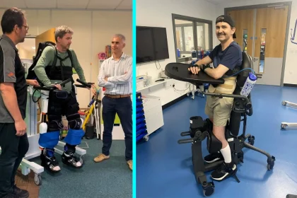 British man Dan Richards walks again using AI robot suit after breaking his neck in New Year's Eve wave dive left him paralysed and told he'd be bed-bound for life.