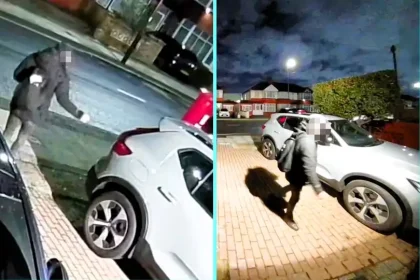 Suspicious man caught on doorbell camera in Southall allegedly using relay device to scan for car keys on driveways. Homeowner warns store keys safely.