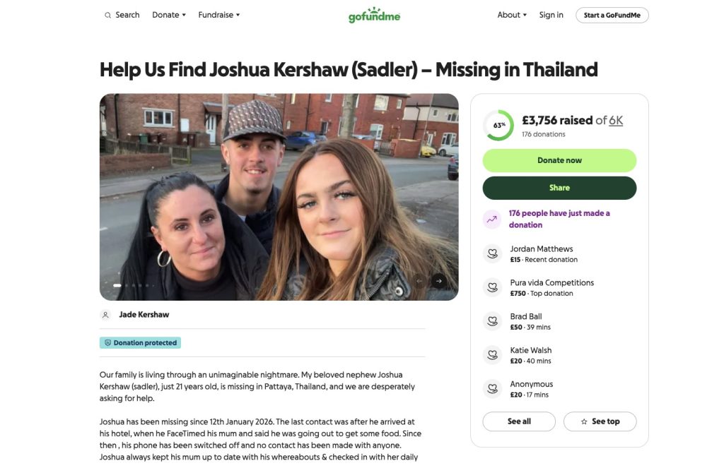 British tourist Joshua Kershaw, 21, from Grimsby found dead in his Pattaya hotel room during solo trip to Thailand. Family desperately trying to get him home.