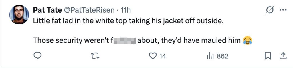 Social media comment on the post of Four security guards ejected customer from Leeds McDonald's on New Year's Day who then removed his coat and goaded them to fight outside packed restaurant at 1am.