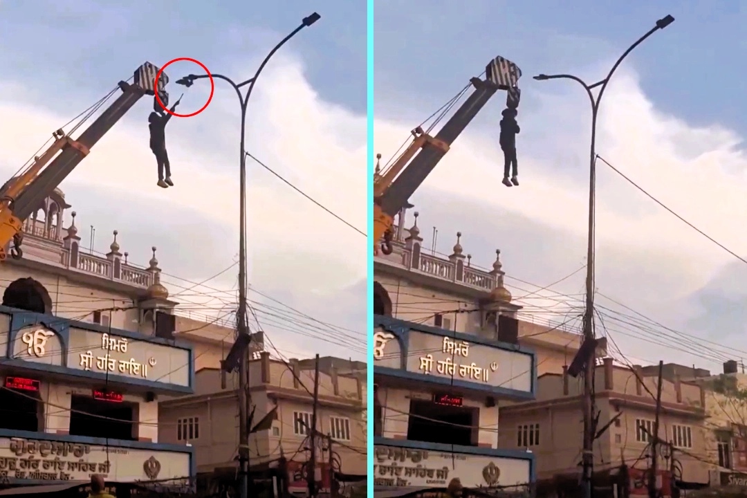 Hero hoisted 30ft high on crane to free trapped pigeon in Amritsar, India. Brave man dangled from jib and carefully cut through wires to release the desperate bird to safety.