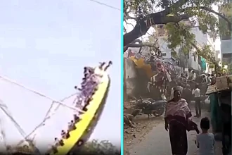 Fourteen schoolchildren injured after giant dragon-shaped swing collapsed and slammed into wall. Two girls seriously injured at Madhya Pradesh fair in India.