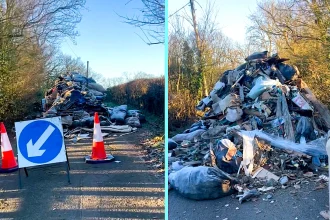 Horse rider blocked by 6ft mountain of fly-tipped waste on country road - beds, mattresses and rubble dumped on dangerous corner in Epping Forest beauty spot.