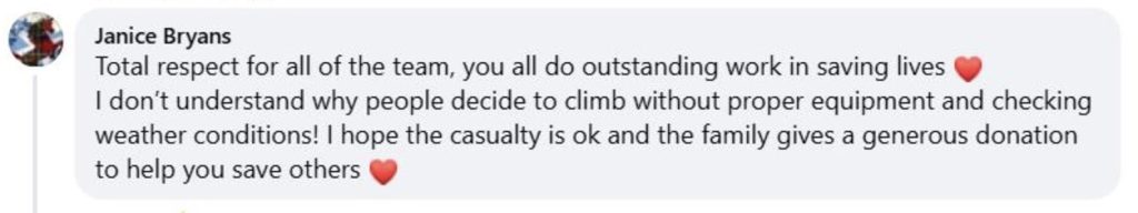 Social media comment on the post of Injured climber with suspected broken leg rescued by helicopter from Scotland's The Cobbler mountain in freezing darkness after slipping on ice during cold snap conditions.