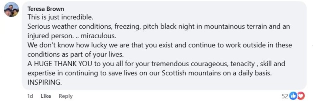 Social media comment on the post of Injured climber with suspected broken leg rescued by helicopter from Scotland's The Cobbler mountain in freezing darkness after slipping on ice during cold snap conditions.
