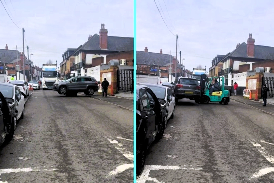 Forklift driver lifted and moved a Volkswagen Tiguan SUV blocking a lorry entrance in Sparkbrook, Birmingham, placing it down the road so deliveries could continue on December 30.