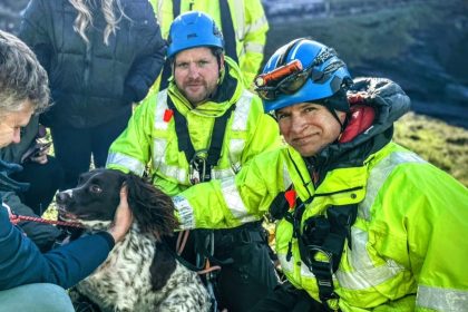 Springer Spaniel Bruno was rescued by coastguard after being stuck on a cliff ledge for 24 hours at Trebarwith, Cornwall, with a technician abseiling down 100ft to save him.