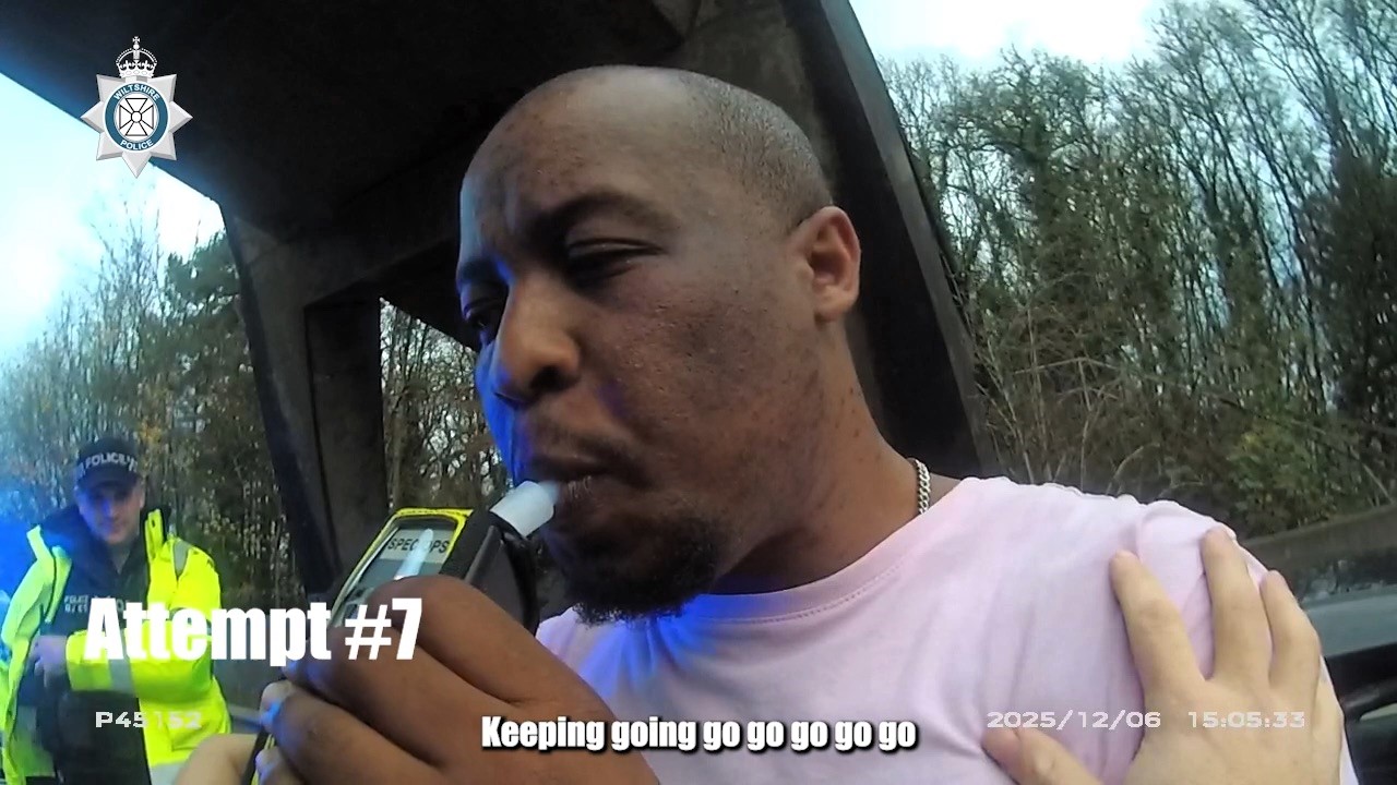 Vincent Lime, 36, from Essex was banned for 30 months after being caught four times over the drink-drive limit on the M4, needing eight attempts to complete a roadside breath test.