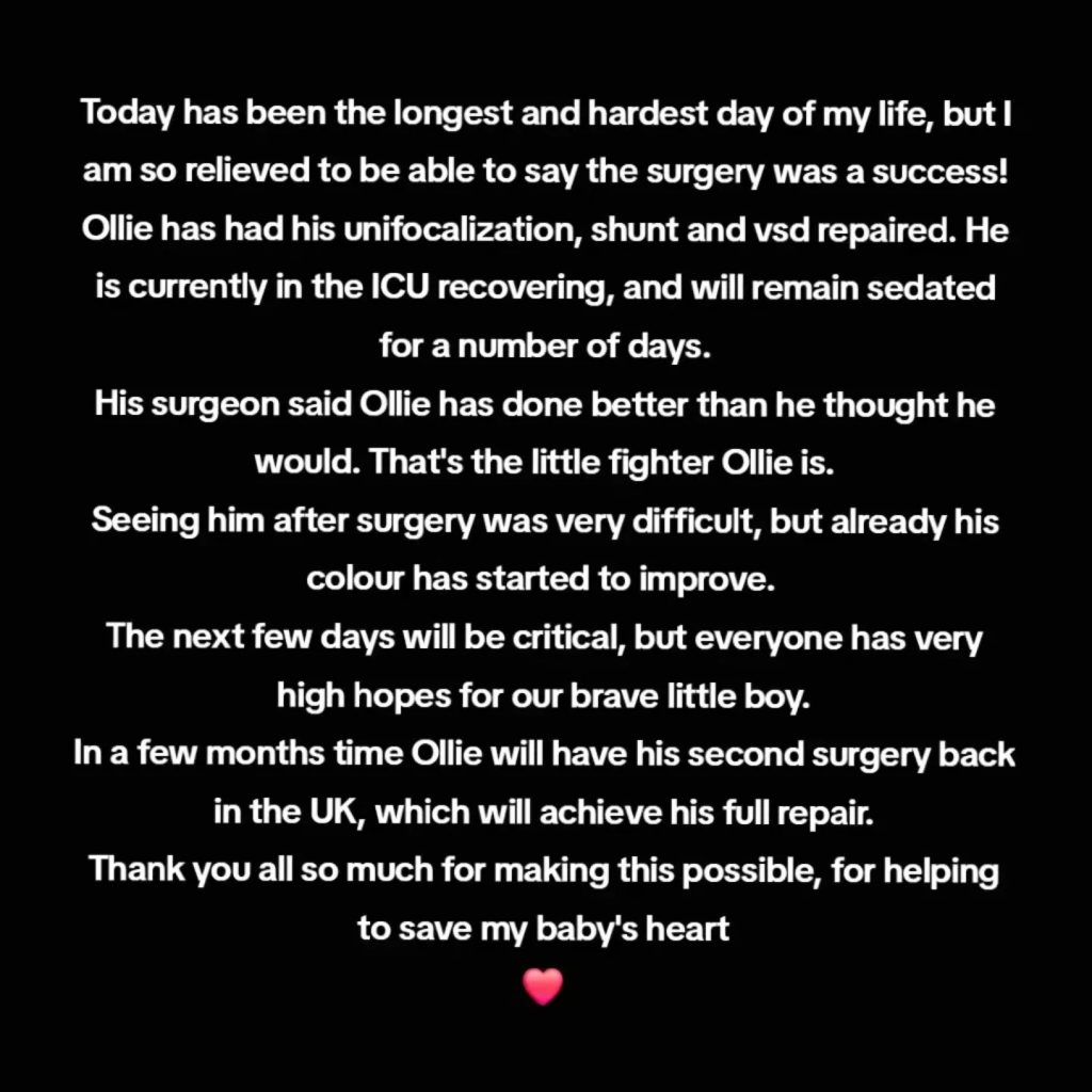 Mum who raised £1.5 million for son's life-saving heart surgery in US announces operation was a success. Jasmin Roberts' baby Ollie underwent 11-hour procedure.