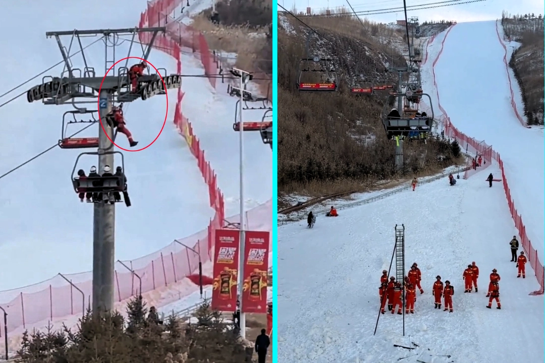 Over 100 tourists trapped dangling in freezing temperatures for nearly 3 hours after ski lift broke down at Longshan International Ski Resort, Lanzhou, China. One victim frozen stiff.
