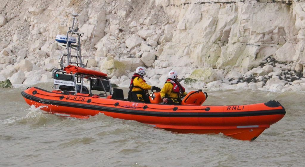 Soggy doggy plucked to safety after getting marooned on rocks as tide came in near Broadstairs, Kent. RNLI lifeboat crew rescued the Malinois Alsatian cross with minutes to spare.