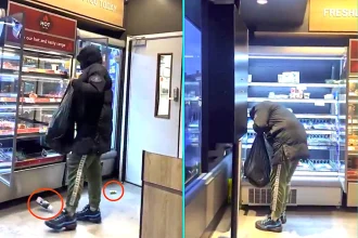 Shameless crook shoves so much Greggs food in bin bag it splits before walking out without paying