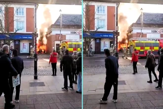 Diesel car engulfed in fierce blaze next to HSBC bank on Berkhamsted high street - shocked shoppers watch as black smoke billows into sky.