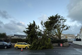 Storm Goretti batters Newquay with 100mph winds - tree blocks school, shop windows smashed, firefighters shut road over falling glass fears. Beachside town chaos.