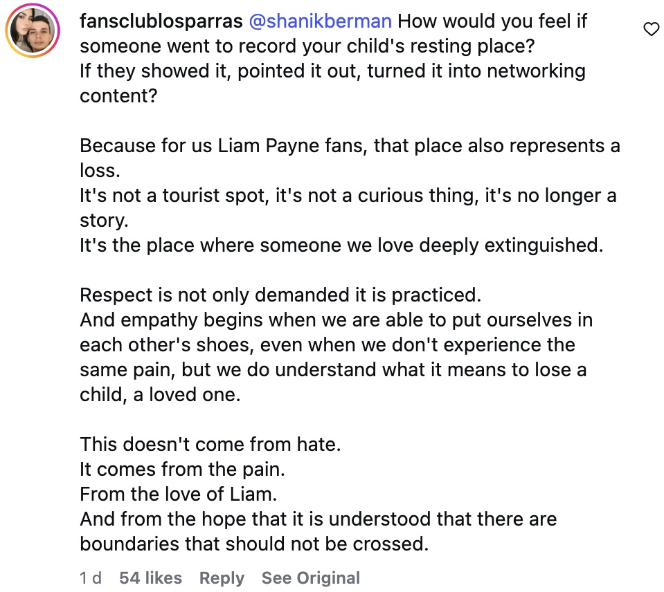 Social media comment on the post of Reporter Shanik Berman under fire for filming from Liam Payne's hotel balcony where One Direction star fell. She stayed in room 310 at CasaSur Buenos Aires.