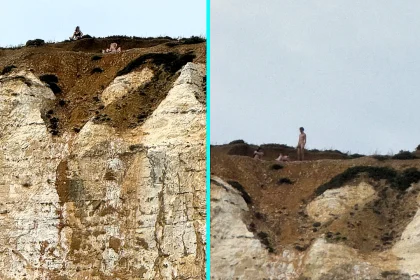 Fishermen in a dinghy off Seaford Head couldn't believe their eyes when they spotted three naked people appearing to have a threesome on a clifftop 300ft high.