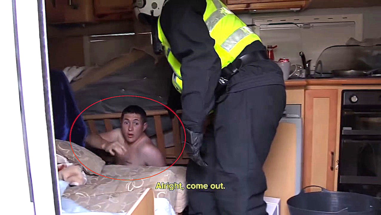 Violent thief Liam Nevin caught hiding under bed in caravan and sentenced to four years in prison after threatening to stab shop worker in Hemel Hempstead.