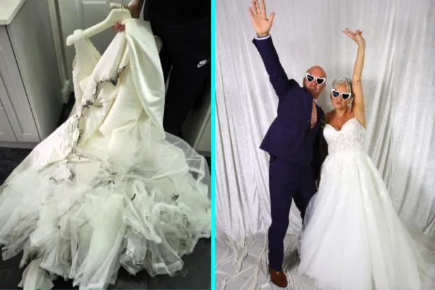 Bride's dream wedding dress destroyed by sparkler fire 45 minutes before ceremony as maid of honour sister suffers third-degree burns trying to extinguish the flames.