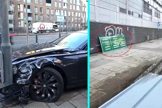 £150,000 Bentley Flying Spur badly damaged after smashing into road sign on A13 in east London. The 198mph untaxed supercar left with bumper hanging off and a flat wheel.
