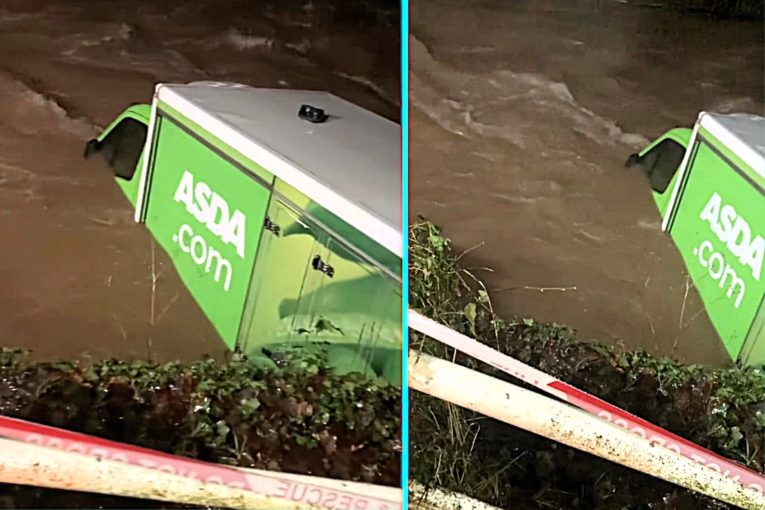 ASDA delivery van swept away in swollen River Rea near Kidderminster, Shropshire after weeks of heavy rain. Vehicle semi-submerged at Walfords Bridge but driver safe.