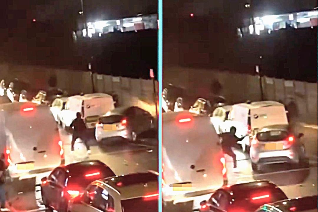 Armed hooded man chases car through Southall traffic forcing driver to reverse wrong way down busy road. Man in 30s stabbed in hand during clash. One arrested.