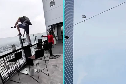 Base jumper leaps 656ft from 41st floor rooftop bar in Guadalajara as staff beg him to stop. Viral video leads to bar closure and manhunt. Faces £25,000 fine.