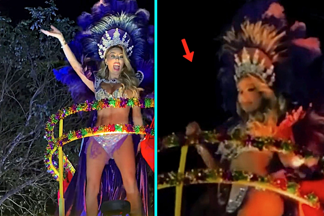 A Mexican beauty queen got a shocking surprise when a low-hanging power cable zapped her on the head mid-dance at a carnival - but carried on performing like a true professional.