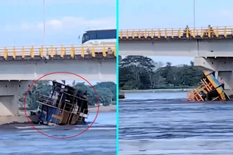 A tugboat crashed into a bridge pillar and sank in seconds on a Colombian river after the captain lost control - with all four crew members rescued from the water without injury.