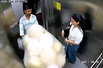 Delivery worker and student burned when gas-filled balloons exploded in Mumbai lift. CCTV caught massive fireball. Police suspect hydrogen and investigate negligence.