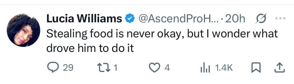 Social media comment on the post of Man caught on camera stealing food from unmanned Sainsbury's delivery van before cycling away in Bromley-by-Bow, East London. Shocking video gets 81,900 views.