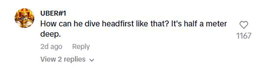 Social media comment on the post of Dad knocks himself out diving head-first into shallow pool while imitating rock star Charly Garcia. Floats unconscious as family thinks he's joking. Viral videos get 4.2m views.