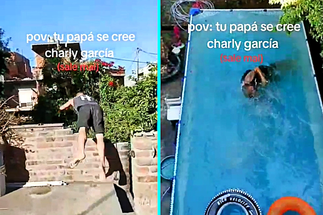 Dad knocks himself out diving head-first into shallow pool while imitating rock star Charly Garcia. Floats unconscious as family thinks he's joking. Viral videos get 4.2m views.