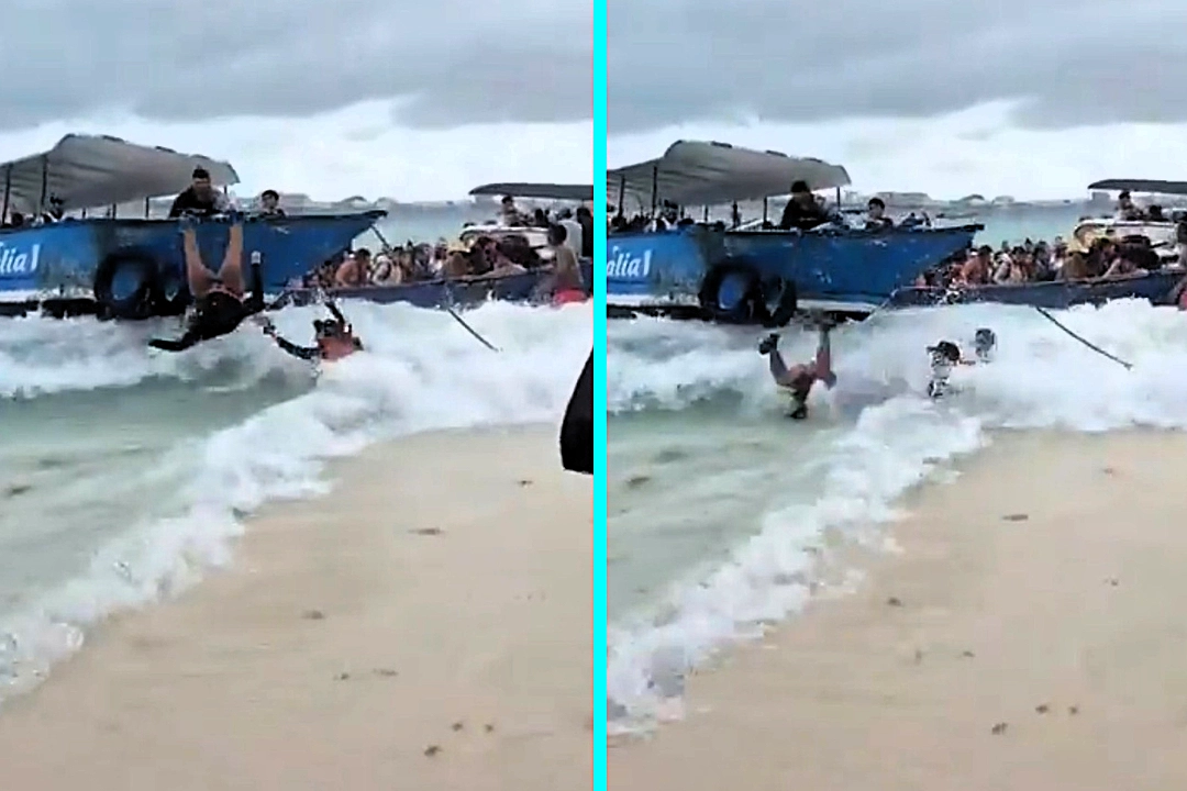 Day-tripper suffers spinal fracture after horrifying fall from tour boat in rough seas at Johnny Cay, Colombia. No medical equipment on island. Doctors improvised collar.
