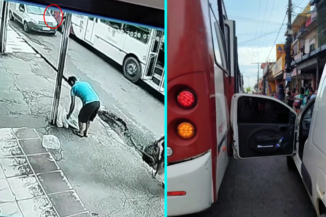 A driver lost a finger after opening his car door into the side of a passing bus in Brazil - with disturbing CCTV footage capturing the shocking moment and its grim aftermath on the roadside.