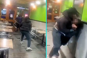 Two men caught on camera brutally beating a diner before a one-on-one chair duel breaks out at a restaurant on Deptford High Street in south east London - shocking footage.