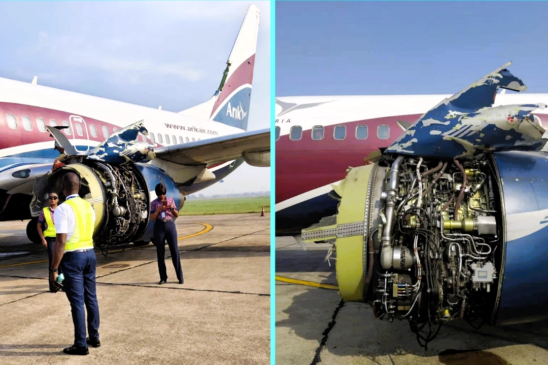 Boeing 737 engine explodes mid-air on Arik Air flight carrying 80 passengers from Lagos to Port Harcourt, Nigeria. Emergency landing Benin Airport. All passengers safe.