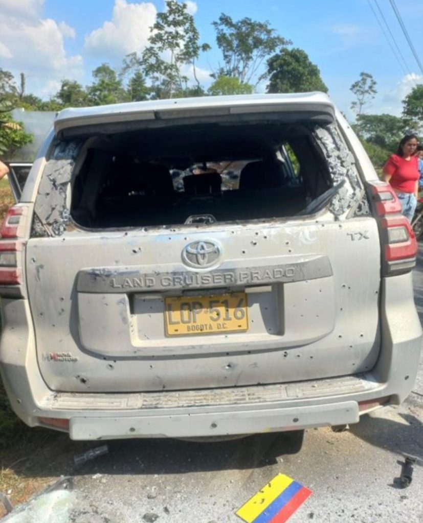 Gunmen fire 400 rounds at Colombian senator's bulletproof SUV killing two bodyguards Wilmar Leal and Esmeli Manrique. Both fathers had pregnant wives at home.