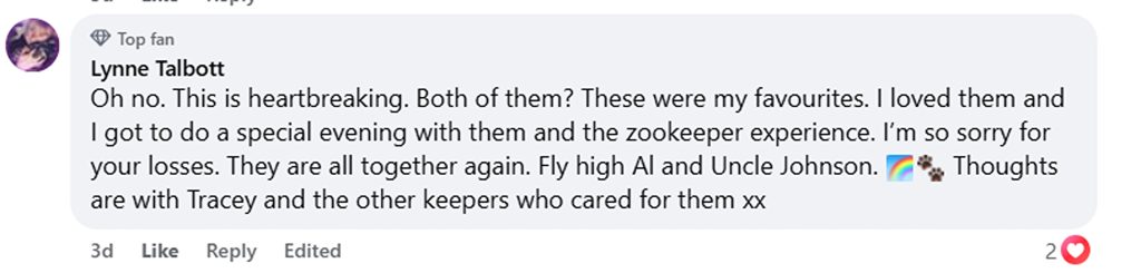 Social media comment on the post of A zoo made the heartbreaking decision to put two inseparable animal friends to sleep on the same day - so neither would have to face life without the other.
