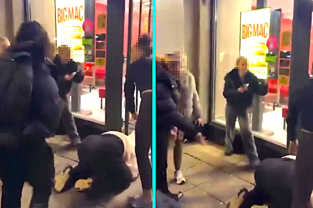 Woman kicked and punched by three attackers outside McDonald's on Oxford Street in Manchester. Shocking gang beating caught on camera as crowd watches victim fall down.