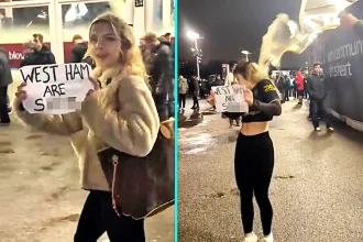 Influencer Shania Nadia Howard got soaked with beer after taunting West Ham fans with rude sign outside London Stadium. The video racked up 1.5m views.