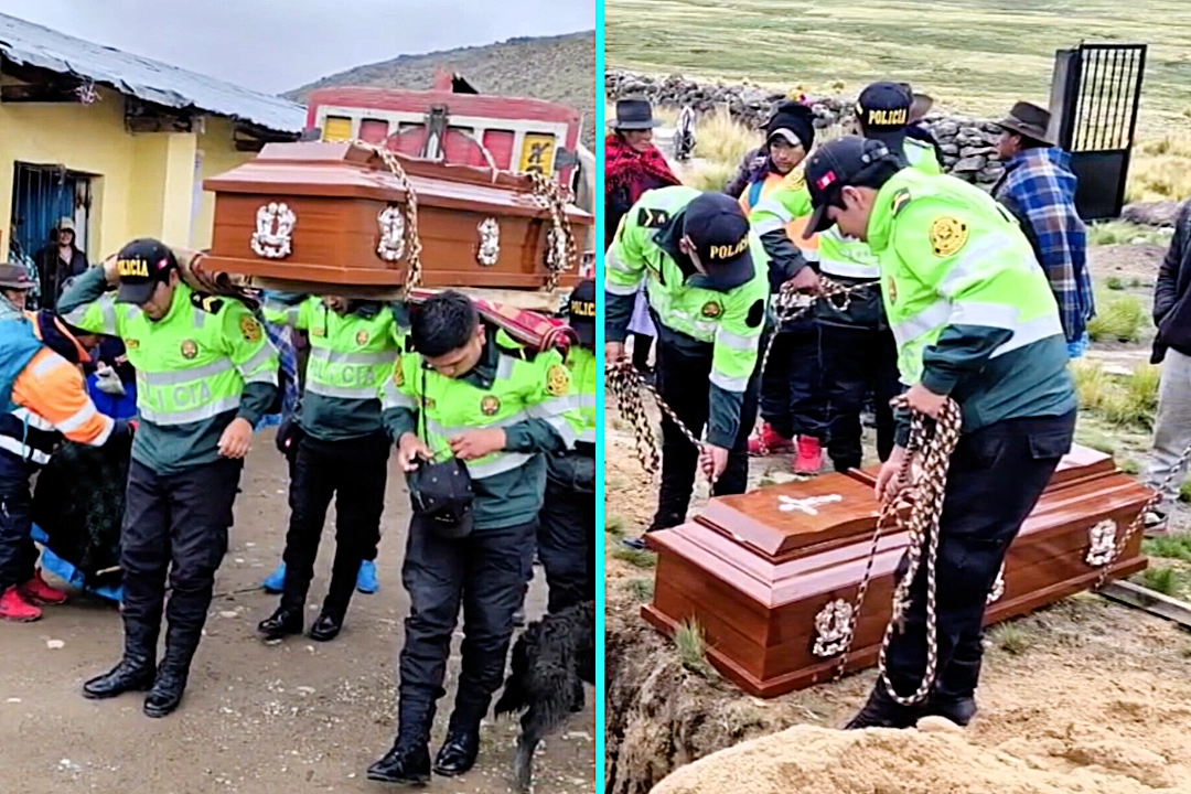 Kind cops carry coffin over a mile for 90-year-old mother with no money. Four Peru officers walked 2km through rocky terrain to bury Elena Meza's son Dario.