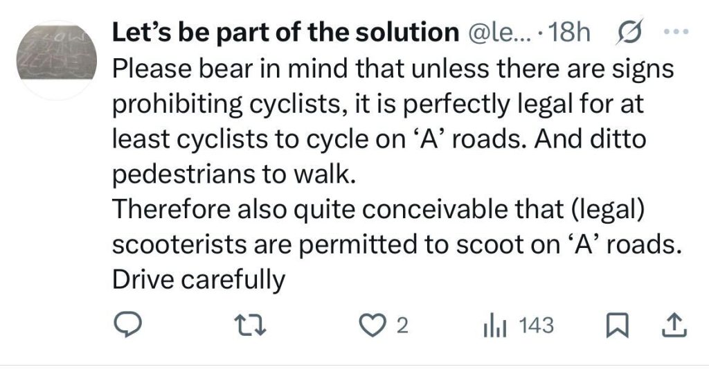 Social media comment on the post of Man on 5mph scooter spotted riding down 50mph A406 North Circular near South Woodford as cars zoom past. Shocking footage shows minimal protective gear. Viral video.