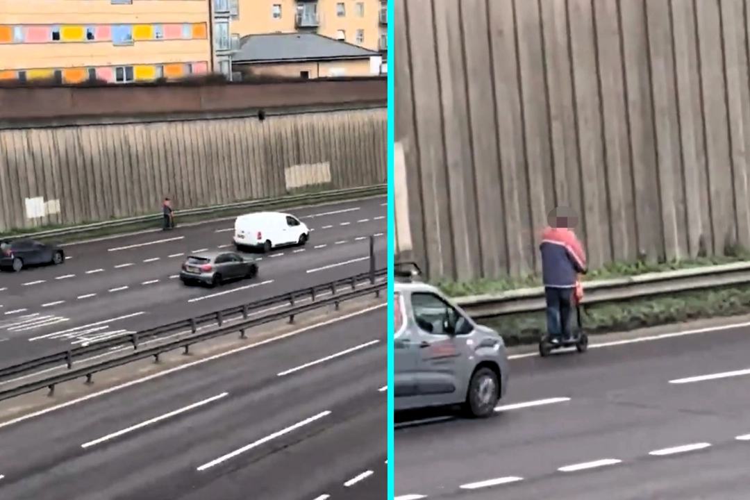 Man on 5mph scooter spotted riding down 50mph A406 North Circular near South Woodford as cars zoom past. Shocking footage shows minimal protective gear. Viral video.
