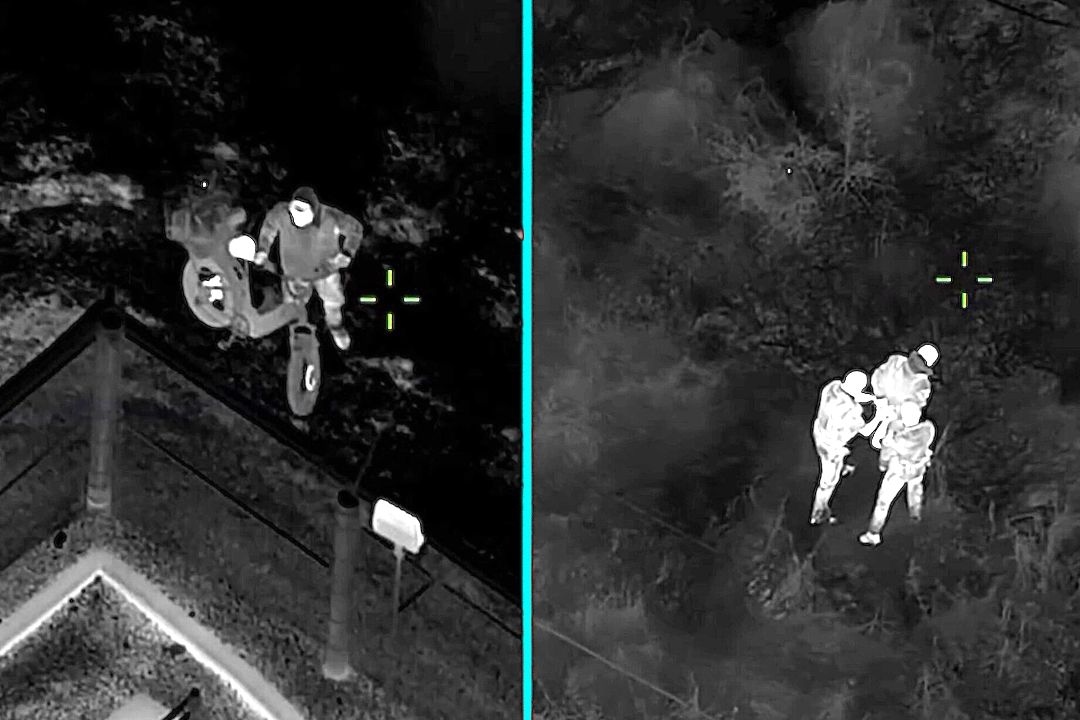 Gang member riding stolen e-bike caught with fake police vest and ski mask by Sarasota helicopter unit. California fugitive with warrant tried hiding in Florida woods.