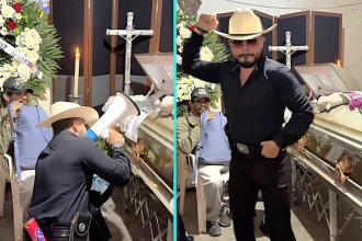 A Mexican funeral entertainer shocked mourners by dancing, firing confetti cannons and pulling party poppers beside an open coffin in a bizarre tribute video.