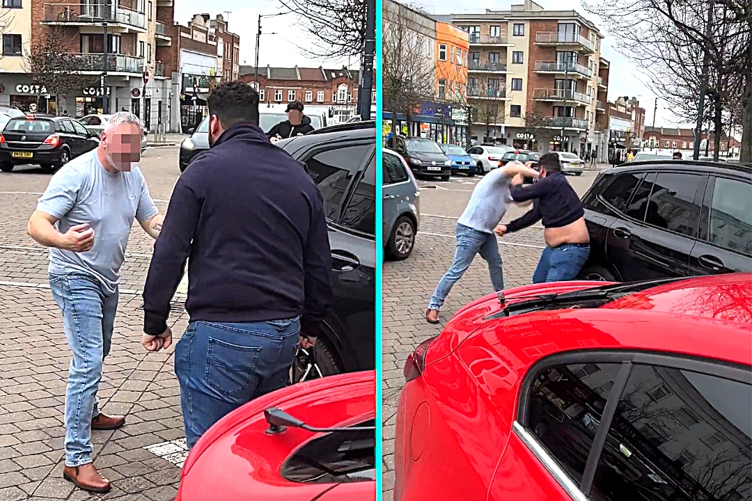 Shocking footage shows a grey haired pensioner taking on a younger rival in a fierce London street brawl, dodging punches and landing blows before bystanders step in.