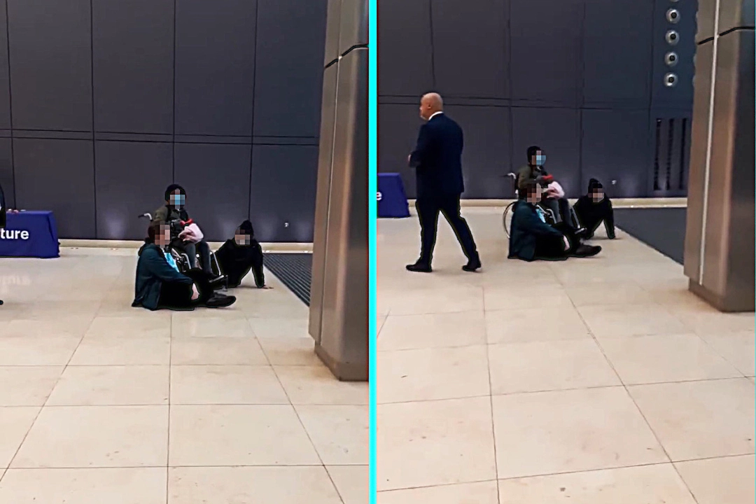 People Against Genocide activists stage sit-in protest at Aspen Insurance building on Fenchurch Street, London. Three protesters chant against alleged Elbit links.
